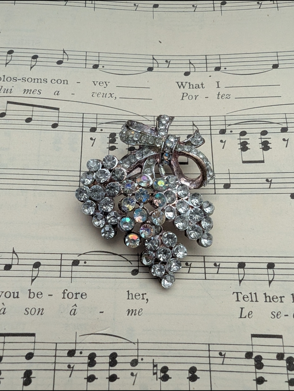 Crystal Grape Cluster Brooch - Clear Rhinestone Accent